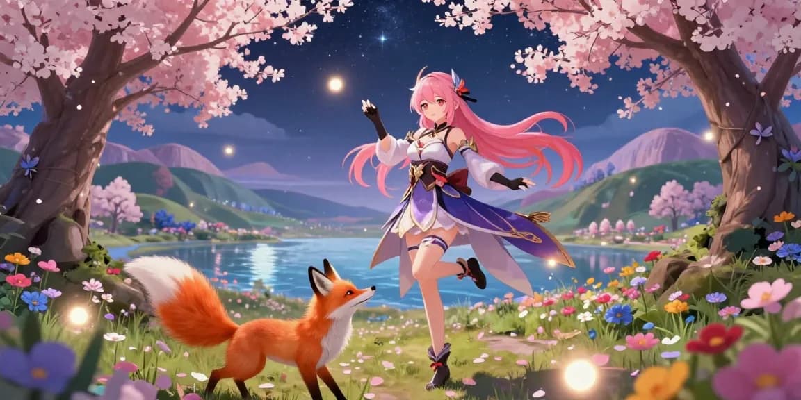 AI hentai character in colorful anime landscape with vibrant flowers and glowing orbs.