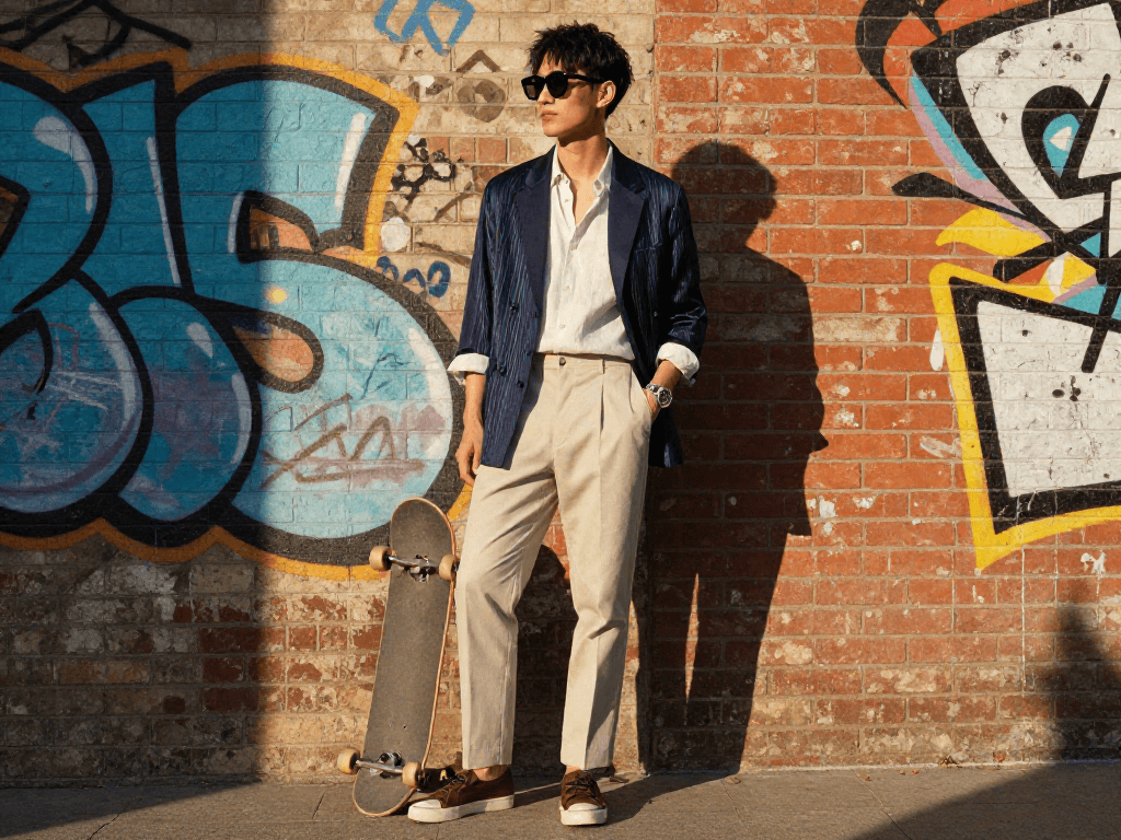 Stylish urban individual showcasing fashion with rokok88 slot login elements in a vibrant street setting.