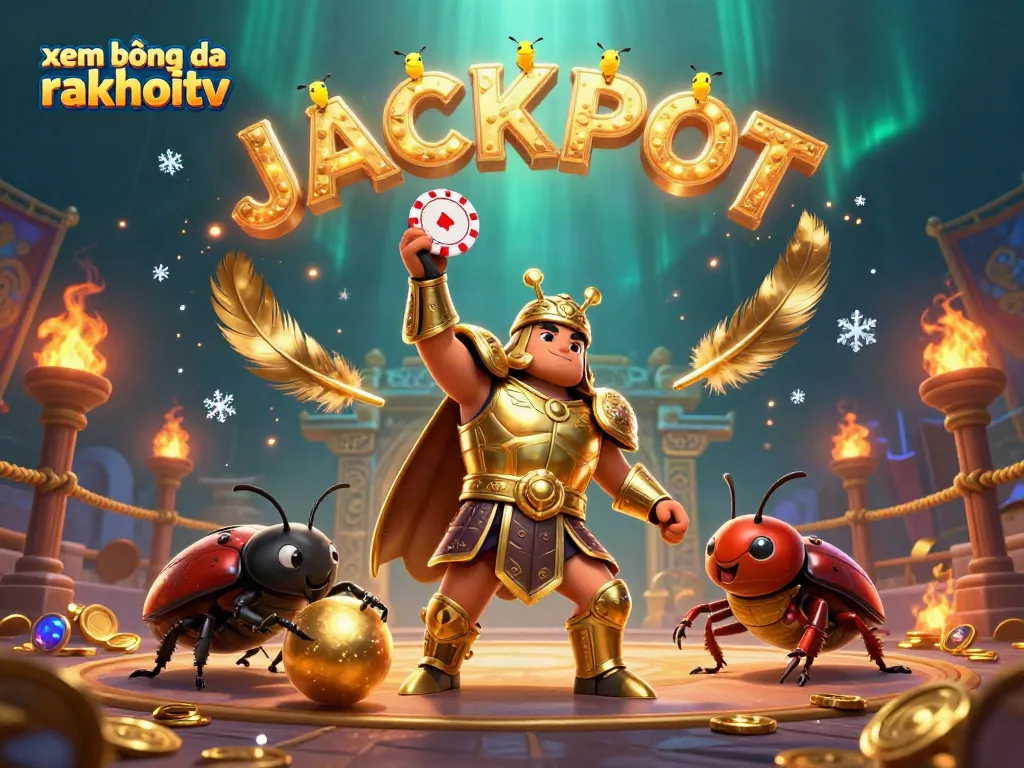 Experience xem bóng đá rakhoitv with immersive 3D heroic beetle characters in a dynamic casino scene.