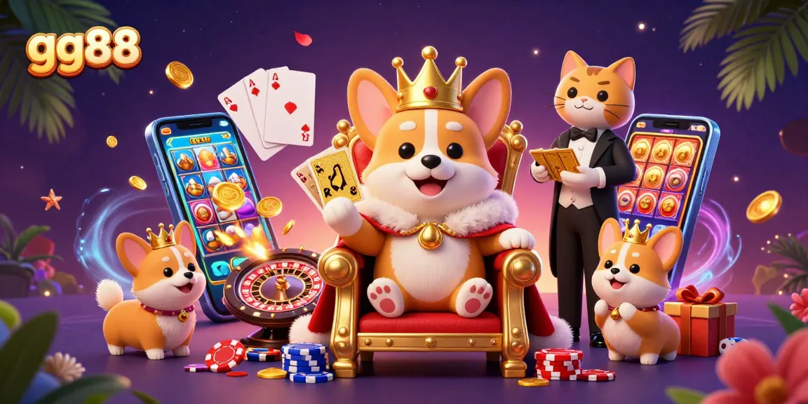 Experience gg88 gaming excitement with a royal corgi on a lavish throne surrounded by vibrant casino elements.