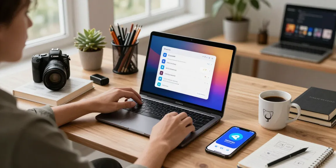 Adjusting Telegram Chinese settings in a modern workspace with tech gadgets and natural light.