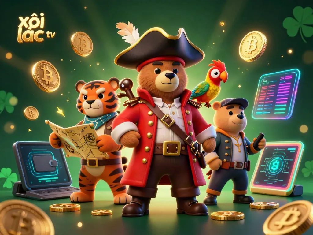Xôi Lạc TV showcases an exciting 3D gambling scene featuring animated characters and cryptocurrency elements.