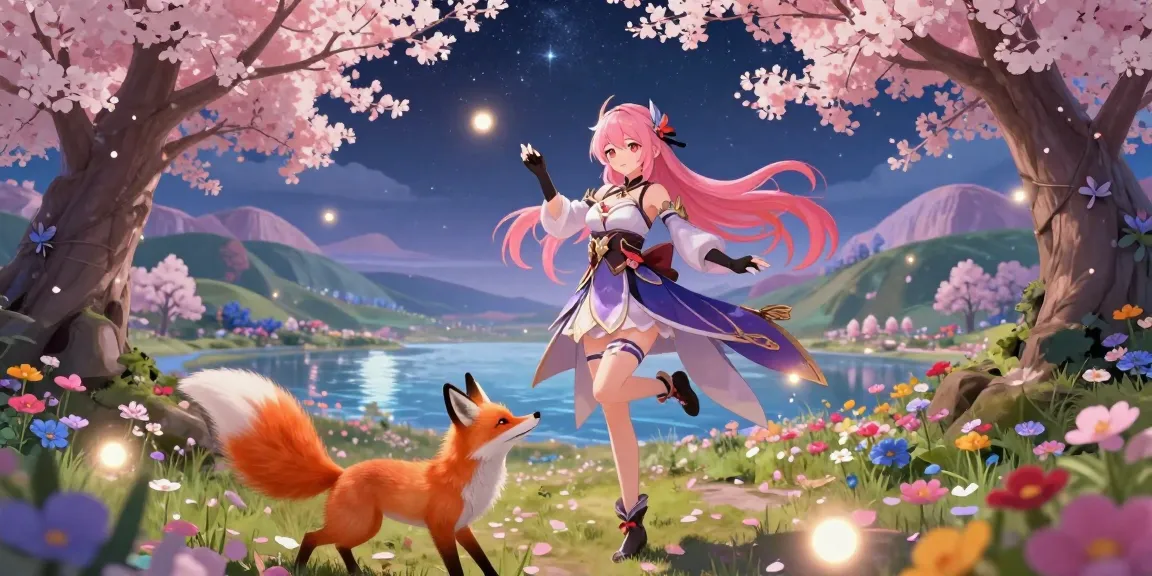 AI hentai character in colorful anime landscape with vibrant flowers and glowing orbs.