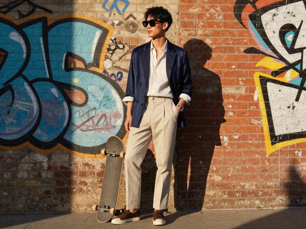 Stylish urban individual showcasing fashion with rokok88 slot login elements in a vibrant street setting.