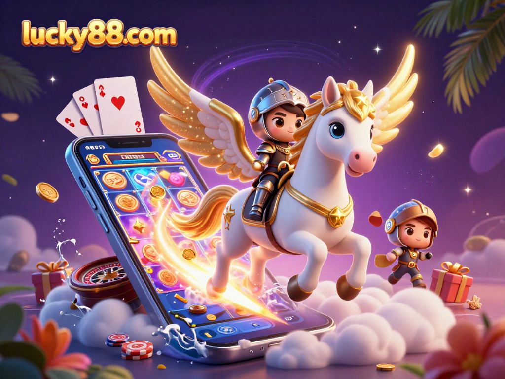 Experience thrilling wins at lucky88com with a celestial horse and knight in a vibrant casino world.