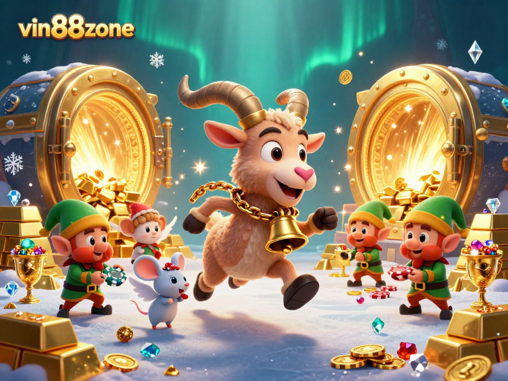 Experience the excitement at vin88zone with a lively casino scene featuring playful characters and treasures.