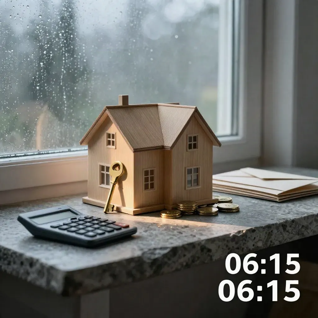 Liten husmodell med nyckel, mynt, kalkylator och kuvert på stenbänk i morgonregn.