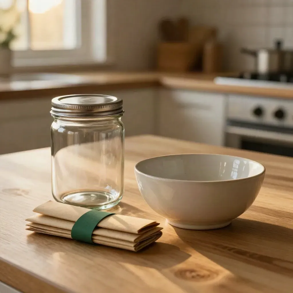 Reseburk, hoprullade sparkuvert och tom keramikskål på ljust köksbord i varm kvällsljus.