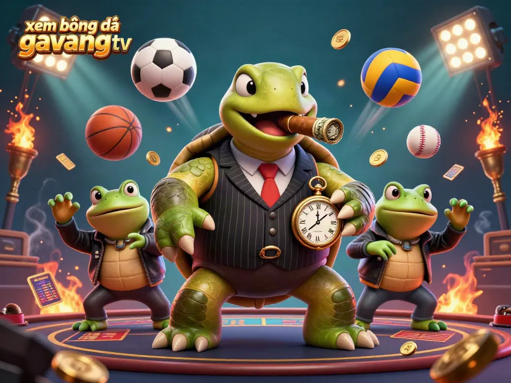 Xem bóng đá gavangtv with a cartoon snapping turtle and bullfrogs in a lively casino scene.