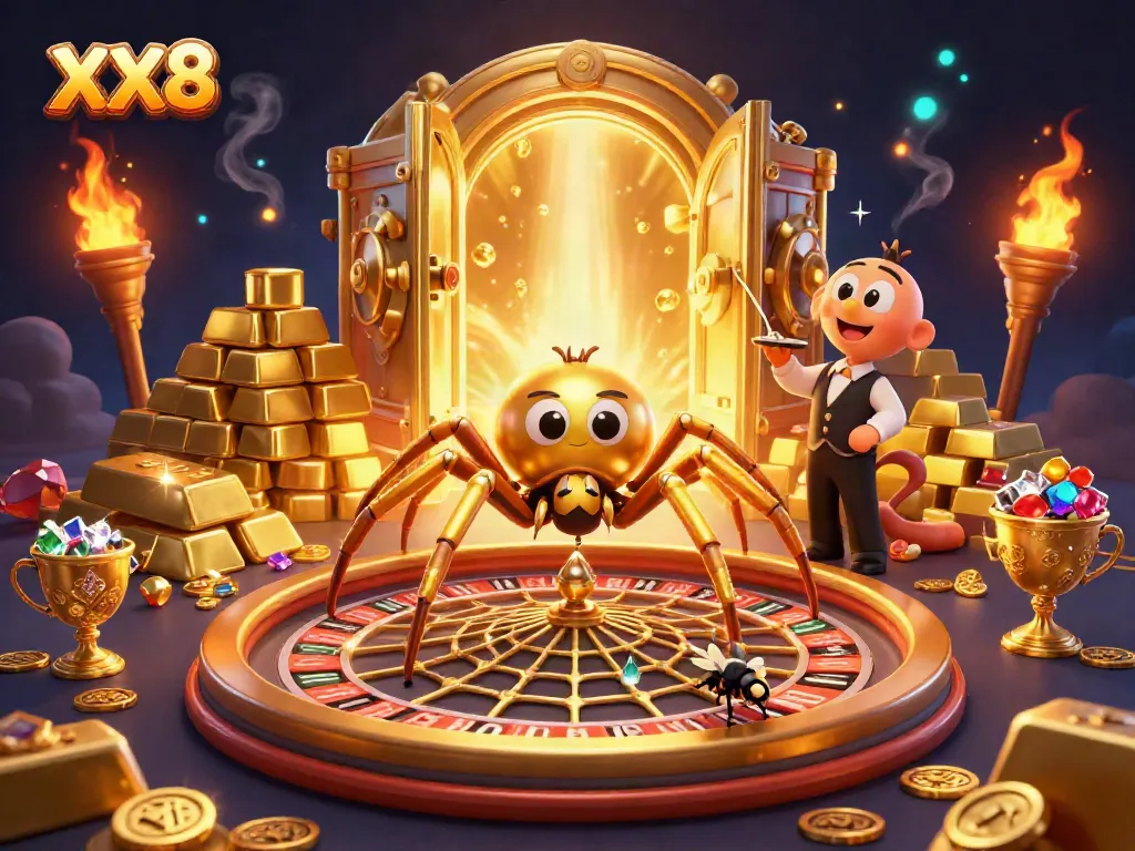 Place your bets with XX8 as a golden spider spins a roulette wheel web amid treasures and gems.