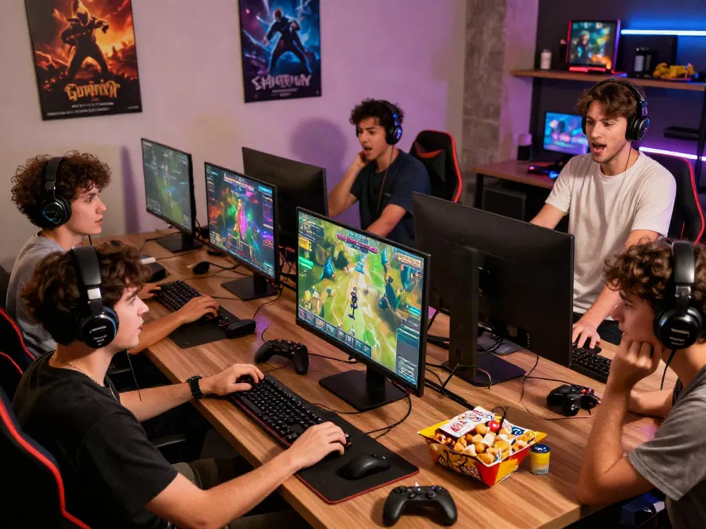 Enthusiastic players enjoying online games at rokok88 in a cozy setup with vibrant lighting and gaming accessories.