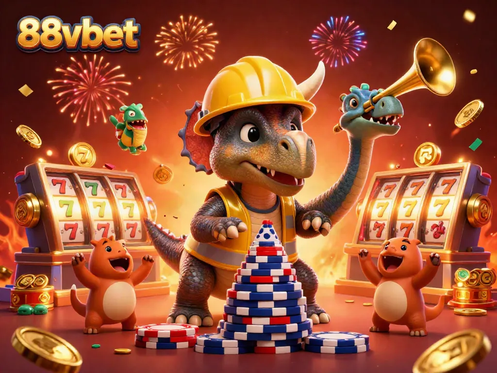 Experience the thrilling 88vbet casino with colorful slot reels and jubilant dinosaurs celebrating jackpots.