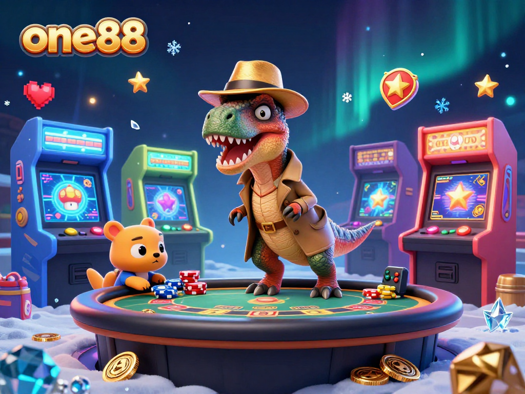 Experience exciting gaming moments at one88 with animated dinosaurs engaging in casino fun.