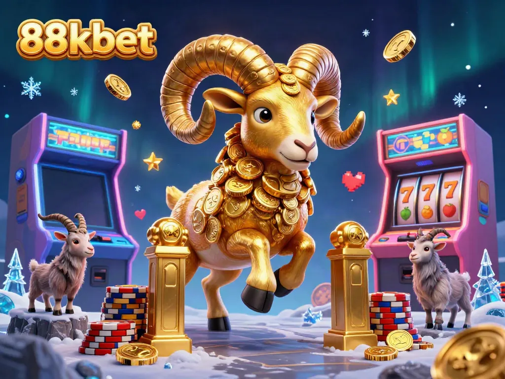 Experience thrilling 88kbet action with a golden ram and vibrant casino elements in a dynamic scene.