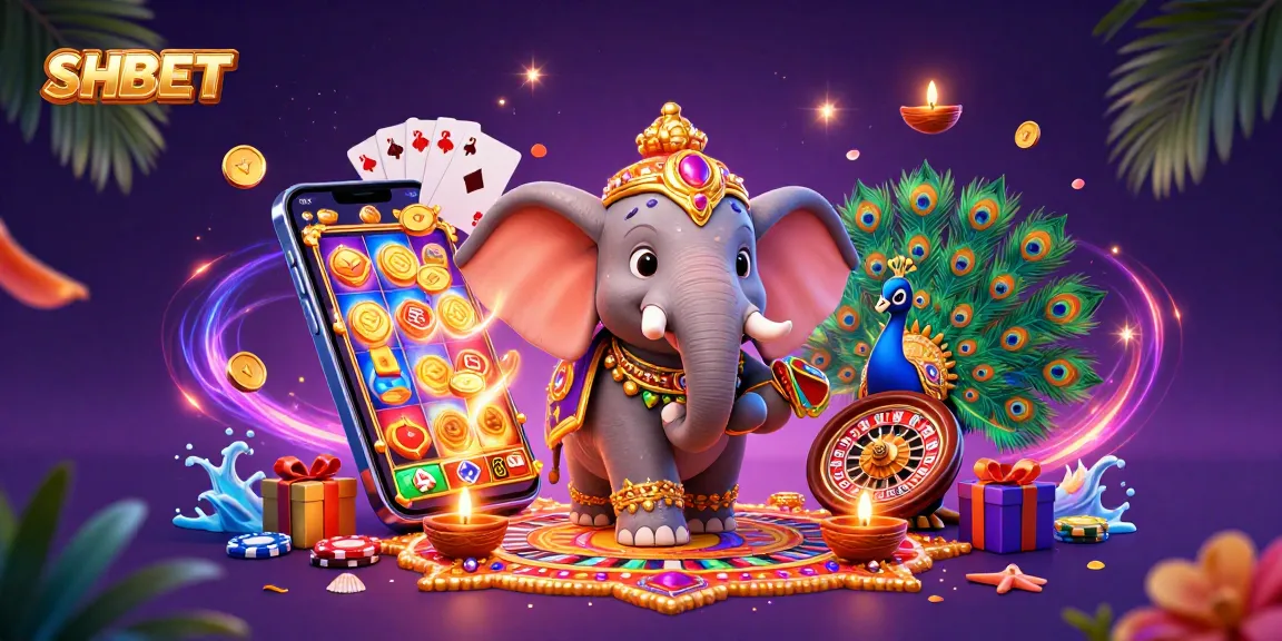 SHBET offers a vibrant online gambling experience with engaging slots and casino games, highlighted in a colorful illustration.