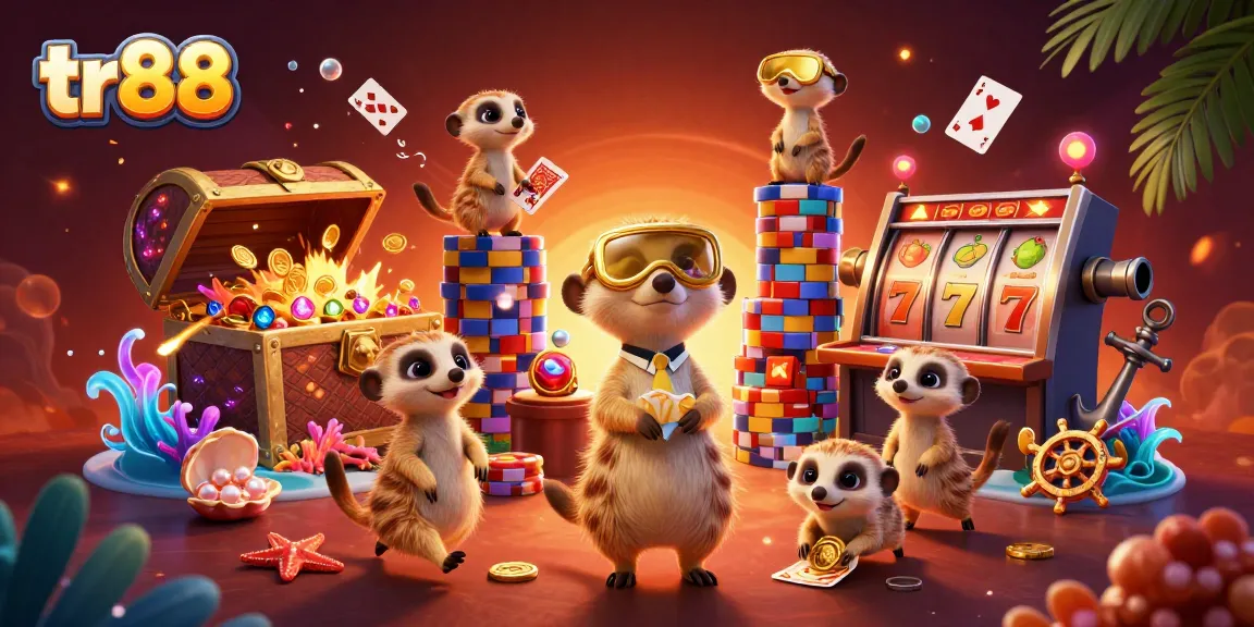 Experience tr88's vibrant casino world with meerkats indulging in games and treasures.