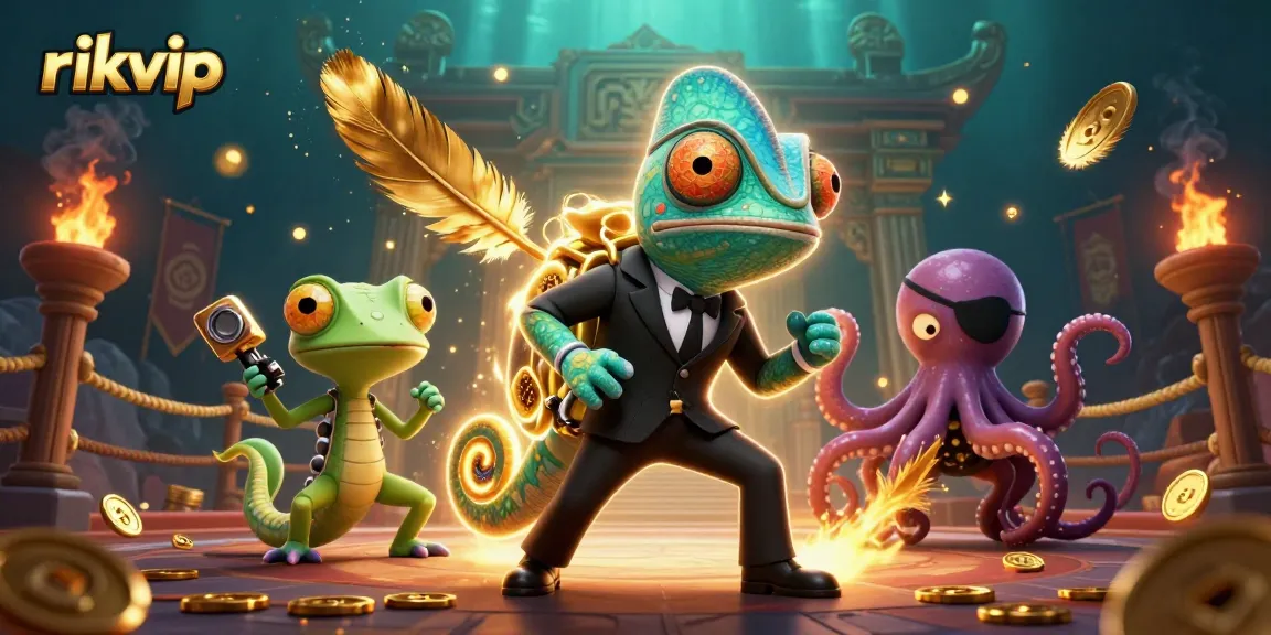 Experience thrilling gameplay at rikvip with vibrant chameleon characters and golden casino elements.