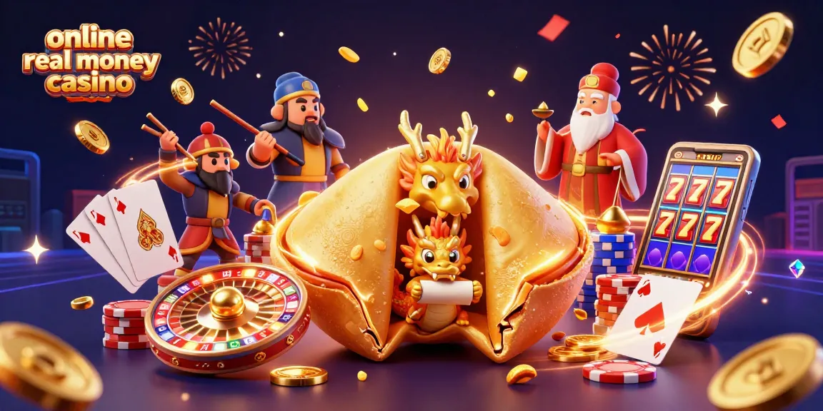 Win at an online real money casino with a vibrant 3D scene of fortune cookie characters and games